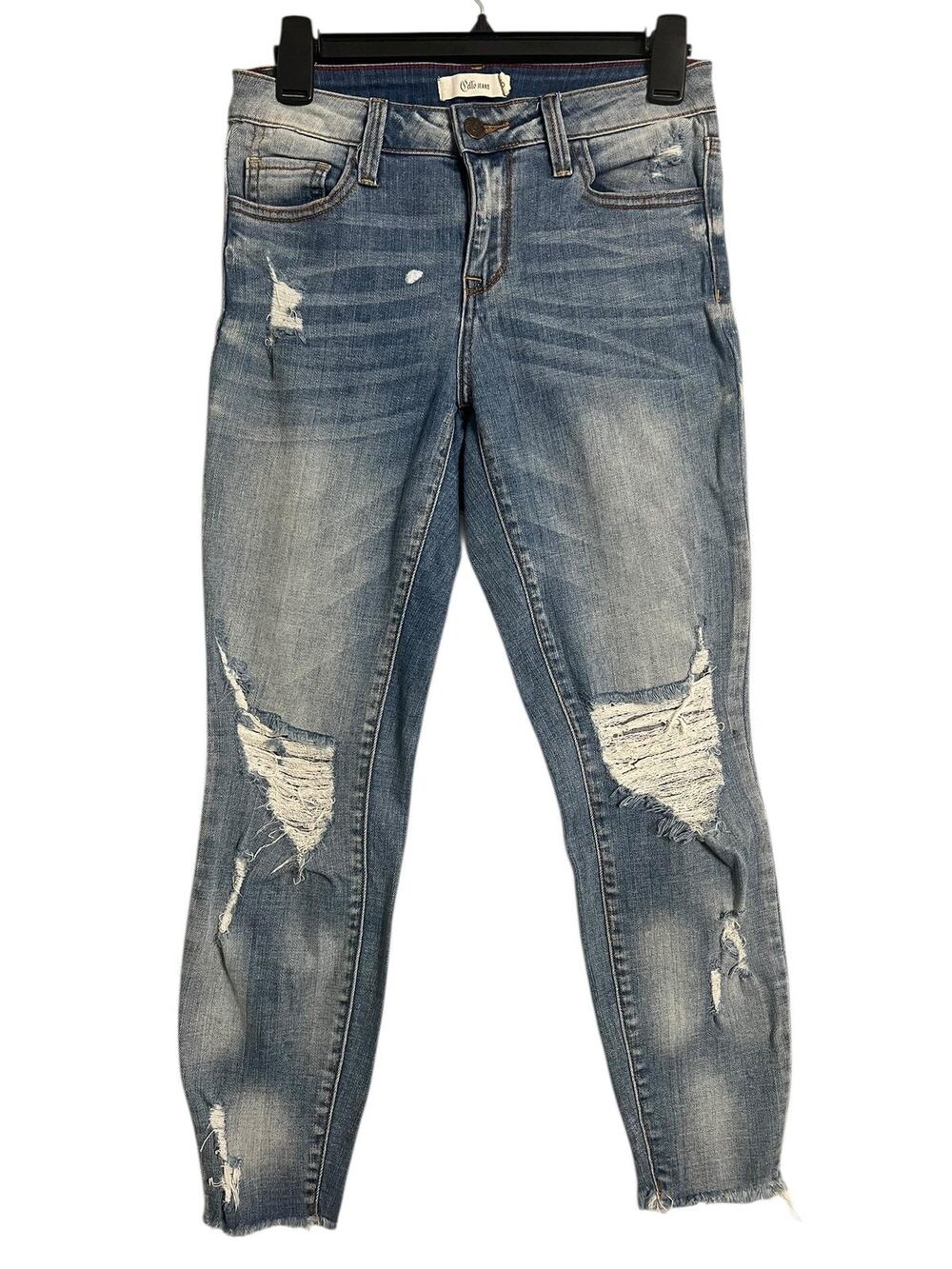 Cello Skinny Jeans Juniors 5 Blue Medium Wash Distressed Raw Hem Stretch Ripped